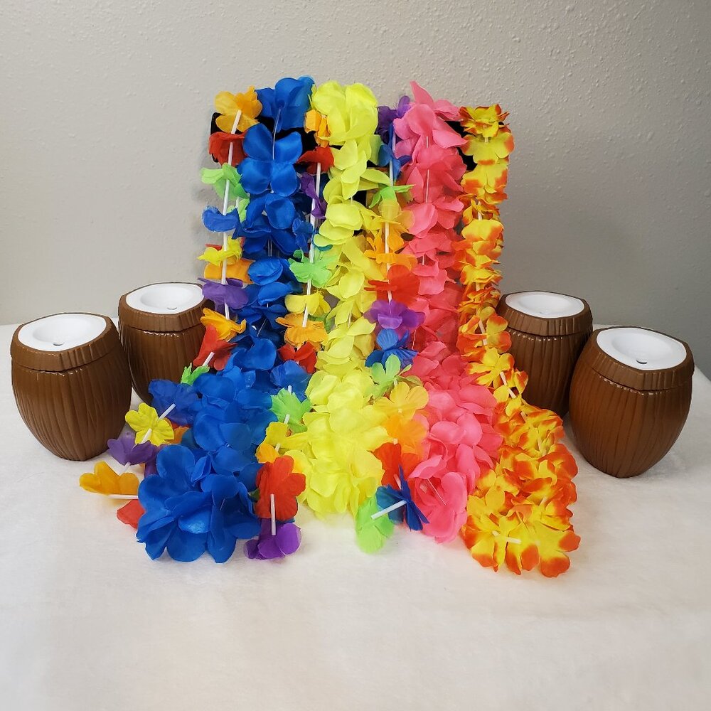 Hawaiian Flower Leis Garland Luau Coconut Cup Set of 4 Glasses Birthday Party